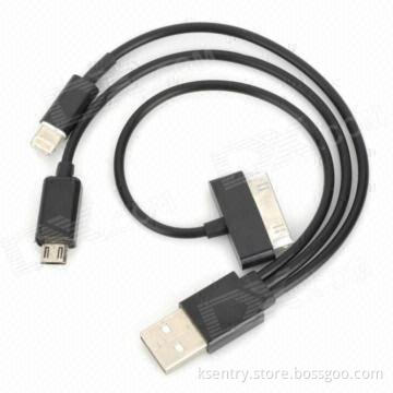 3-in-1 Charging Sync USB Cable for iPhone 5, 4S, Samsung Galaxy S4, HTC One, Black Color
